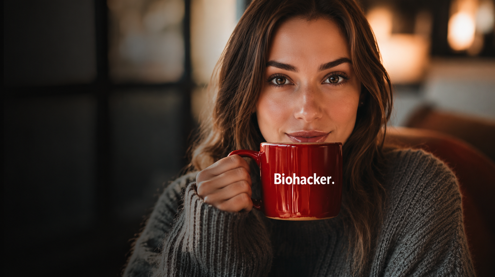 Woman holding a red Biohacker. mug