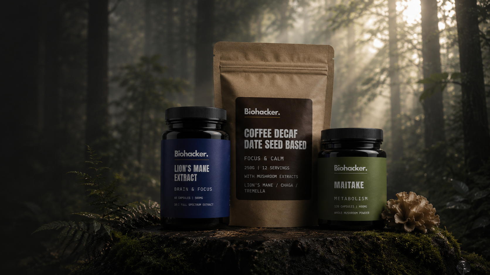 Biohacker. functional mushroom products in a forest